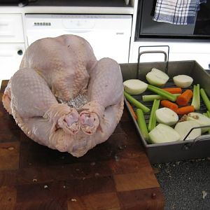 Thanks Giving 2011 - Turkey stuffed ready to place on some root veg