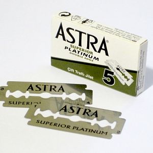 Astra Superior Platinum - Five-Blade Box and Two Cleaned Blades - Angled View