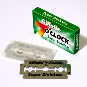 Gillette 7 O'Clock Super Stainless - Five-Blade Box and Two Blades - Angled View