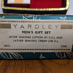 The label on the Vintage Yardley men's shaving set