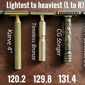 Razor weigh-in: Blackbird, Karve, Timeless Bronze, CG Stinger (Gillette head), ATT Colossus DE